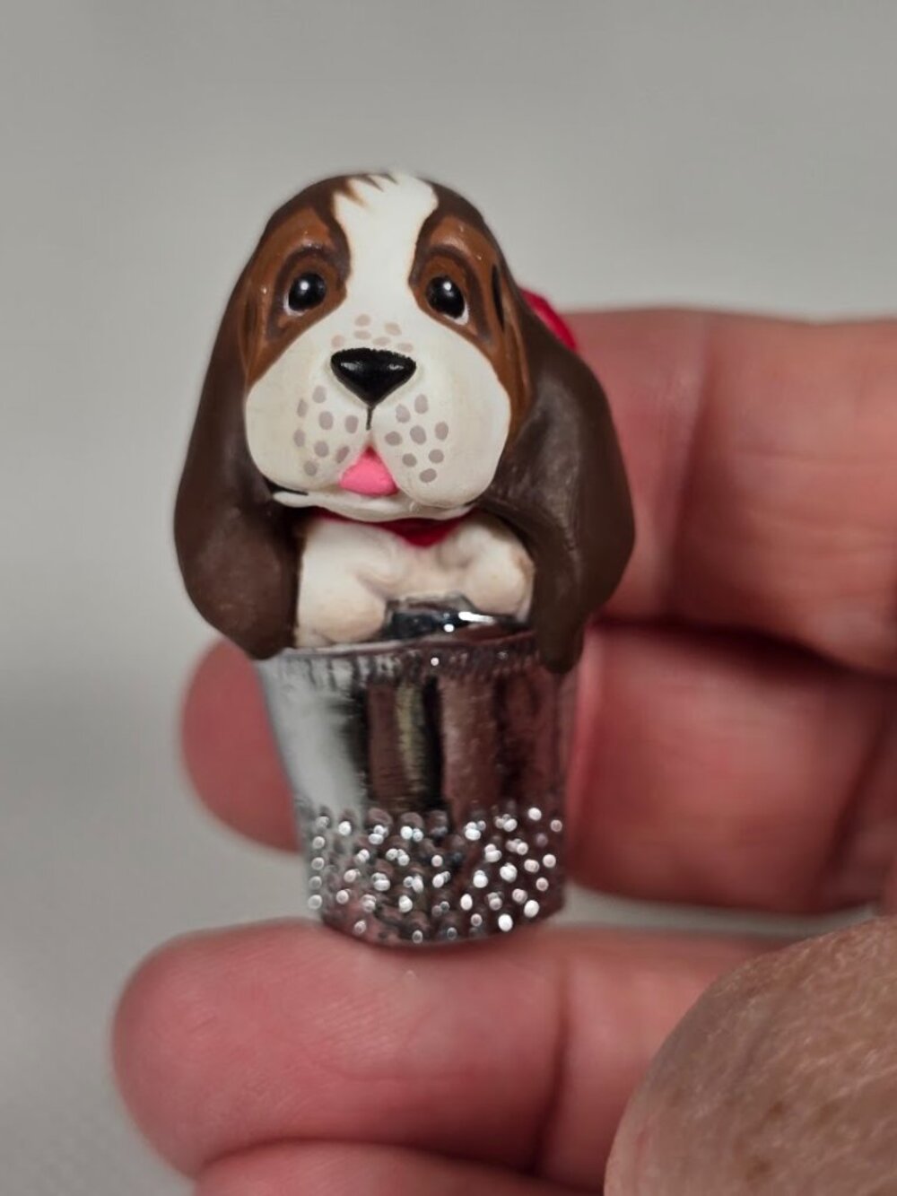 Vintage Hallmark Thimble Puppy 1989 Ornament No Box Basset Hound Red Bow Silver